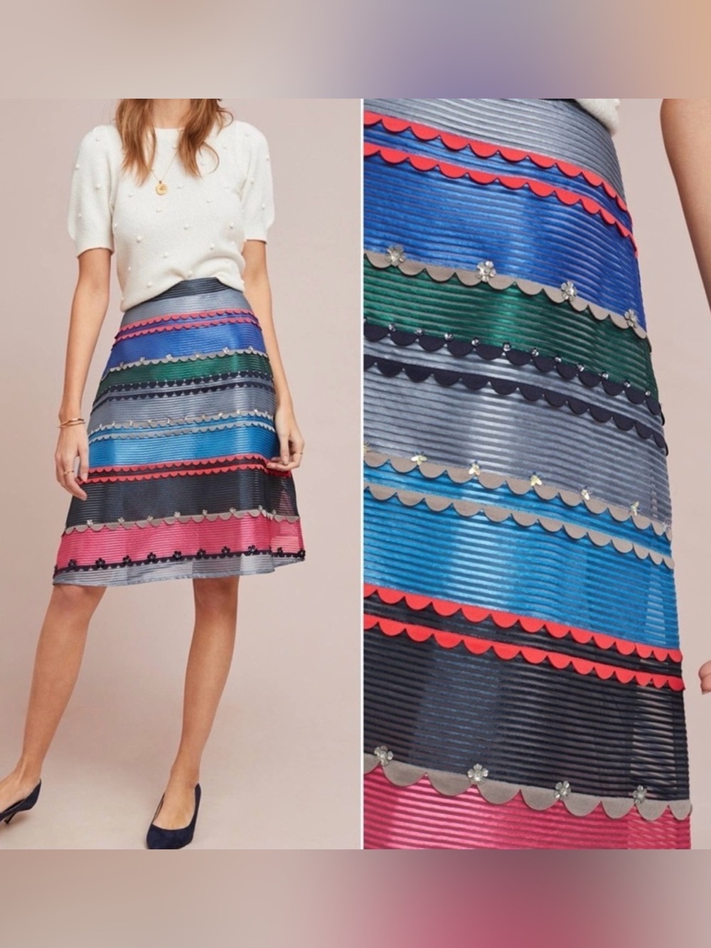 Striped Multicolor A-Line Skirt with Scallop Trim